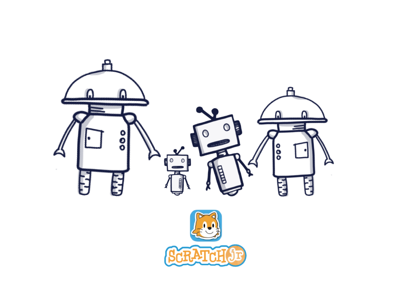 Scratch Junior kennenlernen - Familie von Robotern fassen sich an die Hand und Scratch Junior Logo 