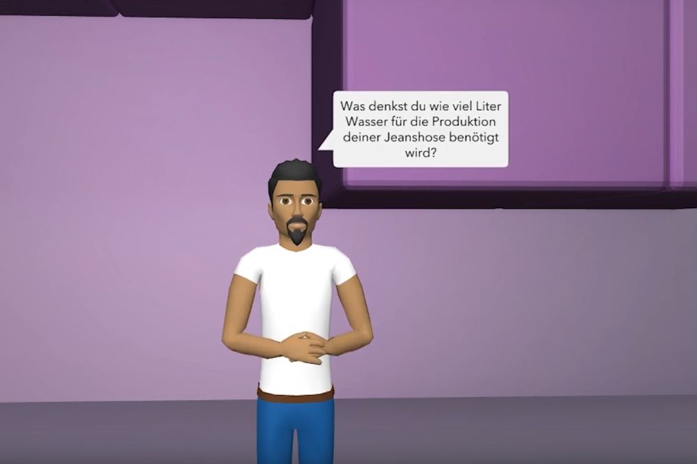Mann im virtuellen Raum fragt: Wieviel Wasser verbraucht die Herstellung einer Jeans