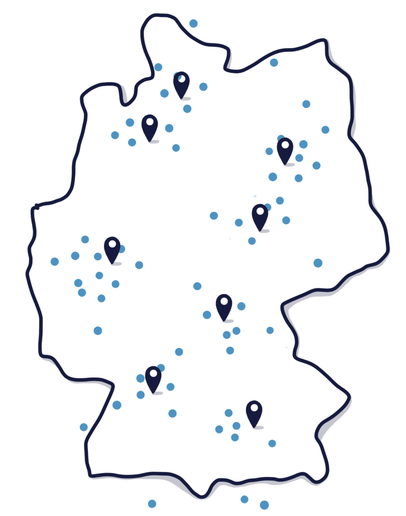 TüftelAkademie lokal in deiner Region - Illustration einer Deutschlandkarte mit Pinnadeln