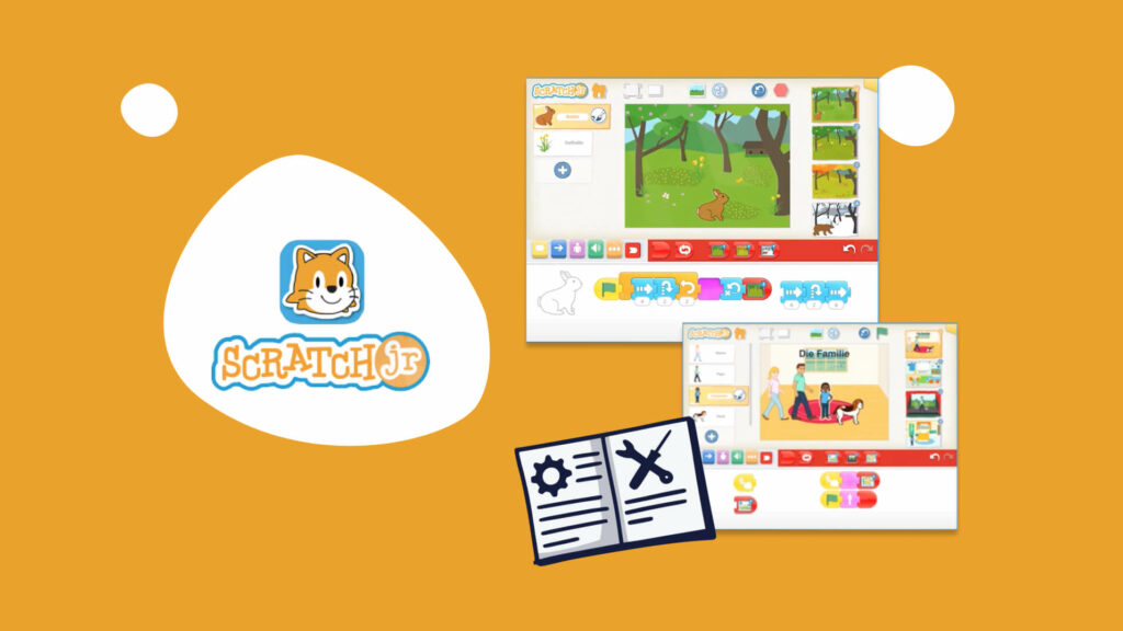 Scratch Junior Logo sowie Screenshots von Beispielprojekten mit der visuellen Programmiersprache für Kinder