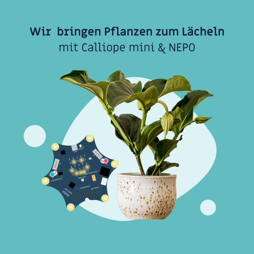 Eine Topfplanze und ein Calliope Mini, der einen Smilie-Gesicht anzeigt.